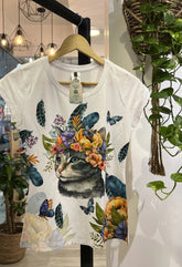 Kurzärmliges T-Shirt mit Rundhalsausschnitt und Katzen-Print